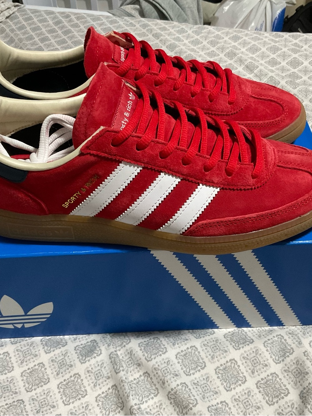 Sporty & Rich adidas Originals Red Suede Sneakers with White Three Stripes
